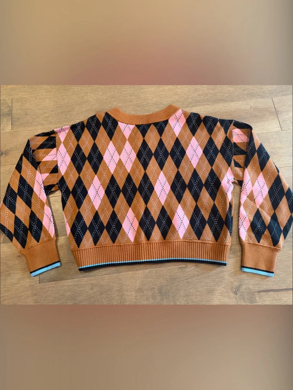 Maeve Brown Black Pink Argyle Cardigan Sweater